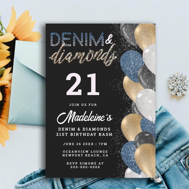 Convites Denim Diamantes Balões Arranque aniversário de 21  (denim diamonds 21st birthday invitation for women balloons arch modern elegant classy stylish cute)
