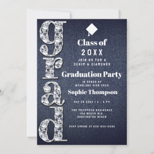 Convites Denim Diamantes Bling 2023 Festa de formatura Chic