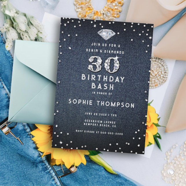 Convites Denim Diamantes Bling aniversário de 30 anos (denim and diamonds 30th birthday party invitation for women elegant modern simple classy minimalist)