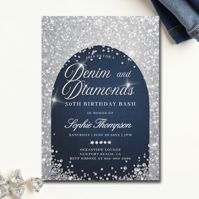 Convites Denim Diamantes Bling Arch aniversário de 30 anos (denim and diamonds theme party invitations 30th 50th sweet 16 elegant classy blue white bling )