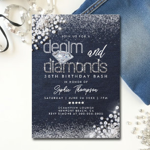 Convites Denim Diamantes Bling Classy Party aniversário de 