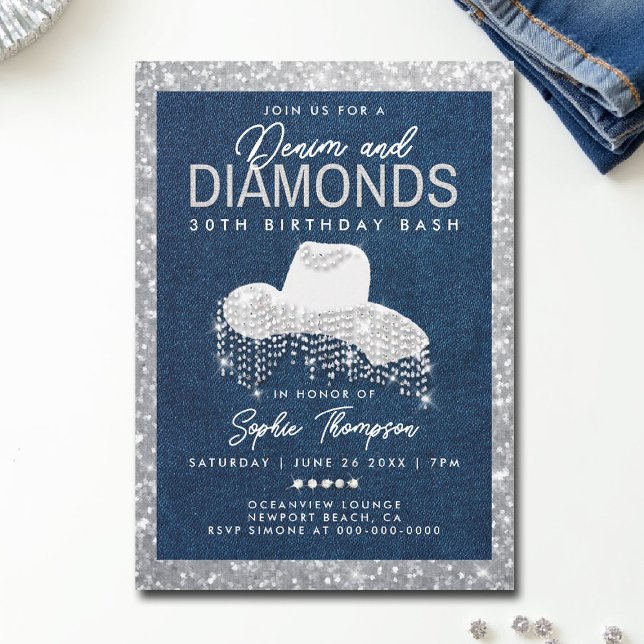 Convites Denim Diamantes Bling Frame aniversário de 30 anos (denim and diamonds invitations 30th 50th sweet 16 elegant classy blue white bling frame template)