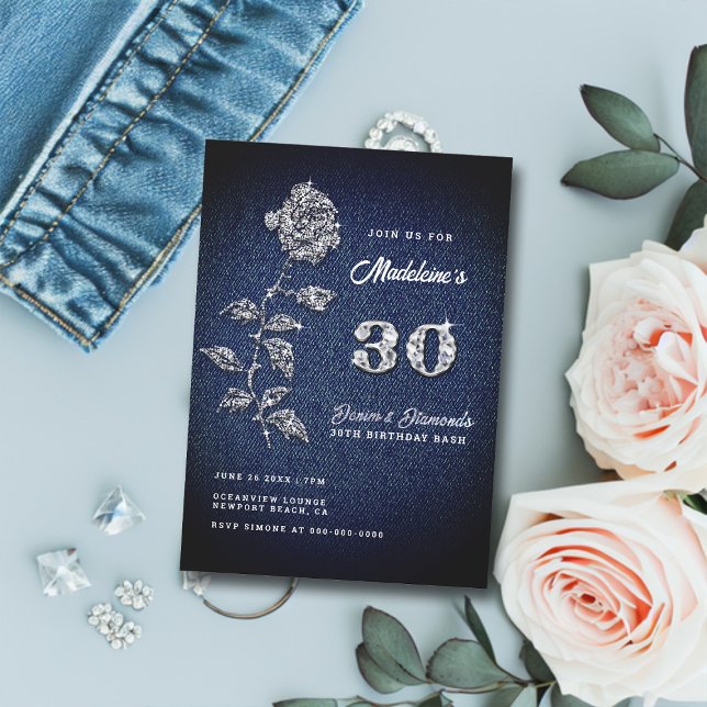 Convites Denim Diamantes Bling Rosa (elegant denim and diamonds 30th birthday party invitation for women bling rose classy romantic boho)