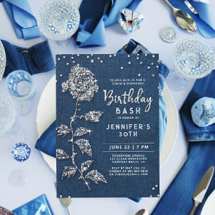 Convites Denim Diamantes Bling Rosa aniversário de 30 anos