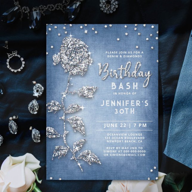 Convites Denim Diamantes Bling Rosa White aniversário de 30 (denim and diamonds birthday invitation 30th women bling rose rhinestones glitter glitz glam classy)