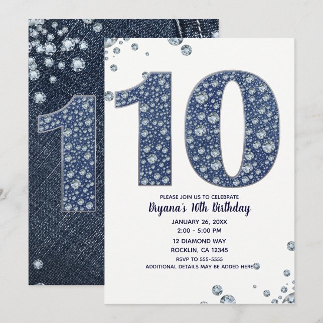 Convites Denim & Diamantes Bling Sparkle 10º 10 Aniversário (Frente/Verso)