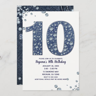 Convites Denim & Diamantes Bling Sparkle 10º 10 Aniversário