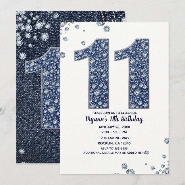 Convites Denim & Diamantes Bling Sparkle 11 11 Aniversário (Frente/Verso)