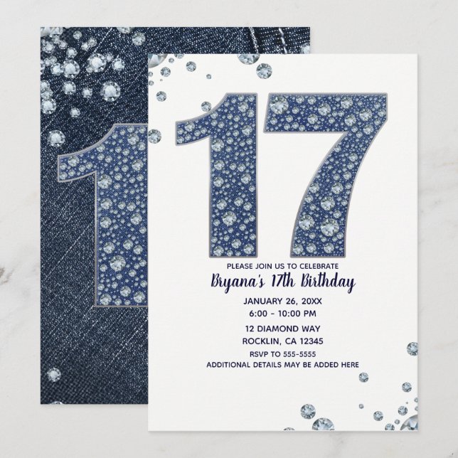 Convites Denim & Diamantes Bling Sparkle 17TH 17 Aniversári (Frente/Verso)