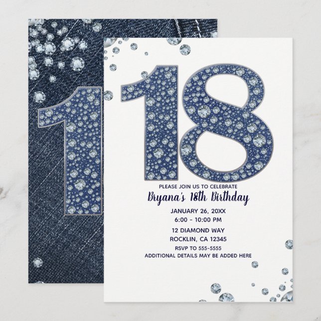 Convites Denim & Diamantes Bling Sparkle 18TH 18 Aniversári (Frente/Verso)