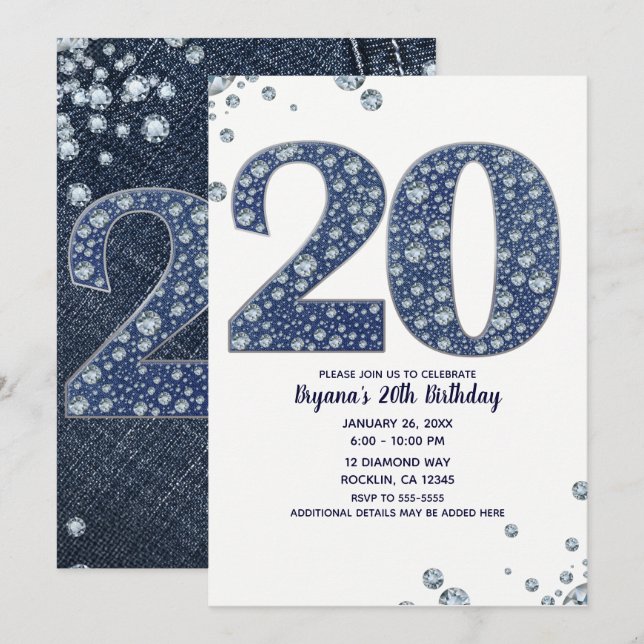 Convites Denim & Diamantes Bling Sparkle 20 20 Aniversário (Frente/Verso)