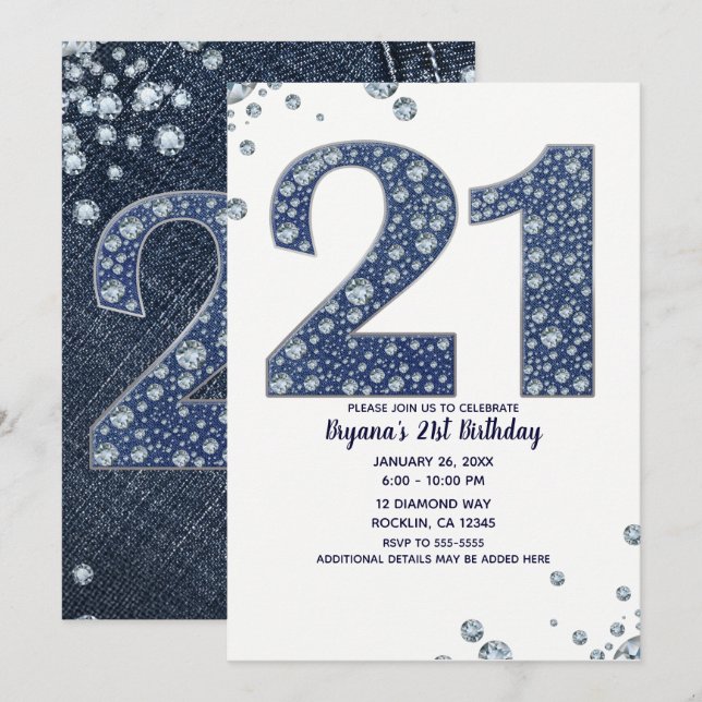 Convites Denim & Diamantes Bling Sparkle 21rua 21 Aniversár (Frente/Verso)