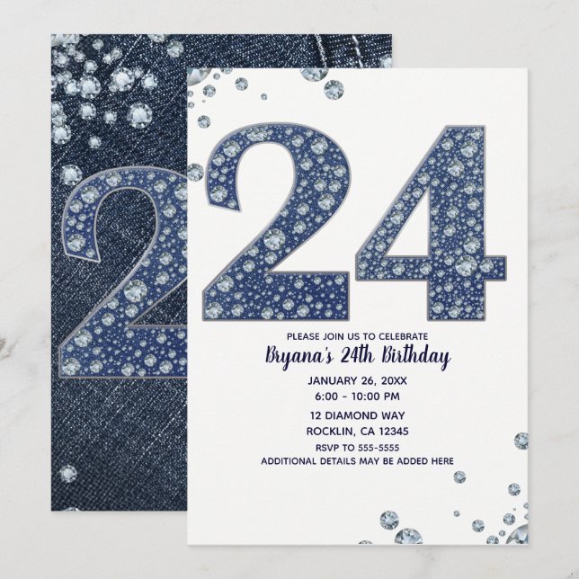 Convites Denim & Diamantes Bling Sparkle 24 24º Aniversário (Frente/Verso)