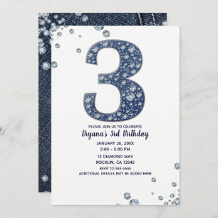 Convites Denim & Diamantes Bling Sparkle 3º Aniversário