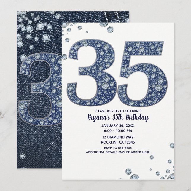 Convites Denim & Diamantes Bling Sparkle 35TH 35 Aniversári (Frente/Verso)