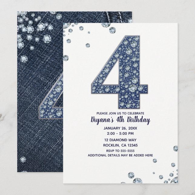 Convites Denim & Diamantes Bling Sparkle 4º aniversário (Frente/Verso)