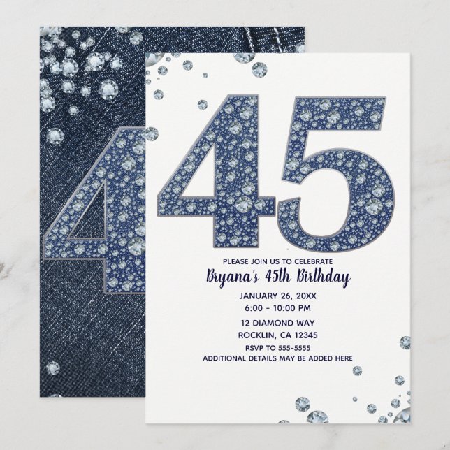 Convites Denim & Diamantes Bling Sparkle 45TH 45 Aniversári (Frente/Verso)