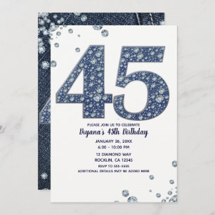 Convites Denim & Diamantes Bling Sparkle 45TH 45 Aniversári
