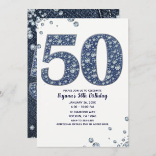 Convites Denim & Diamantes Bling Sparkle 50TH 50 Aniversári