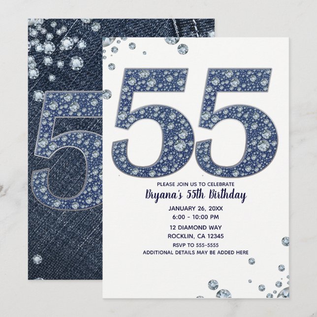 Convites Denim & Diamantes Bling Sparkle 55TH 55 Aniversári (Frente/Verso)