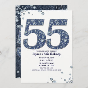 Convites Denim & Diamantes Bling Sparkle 55TH 55 Aniversári