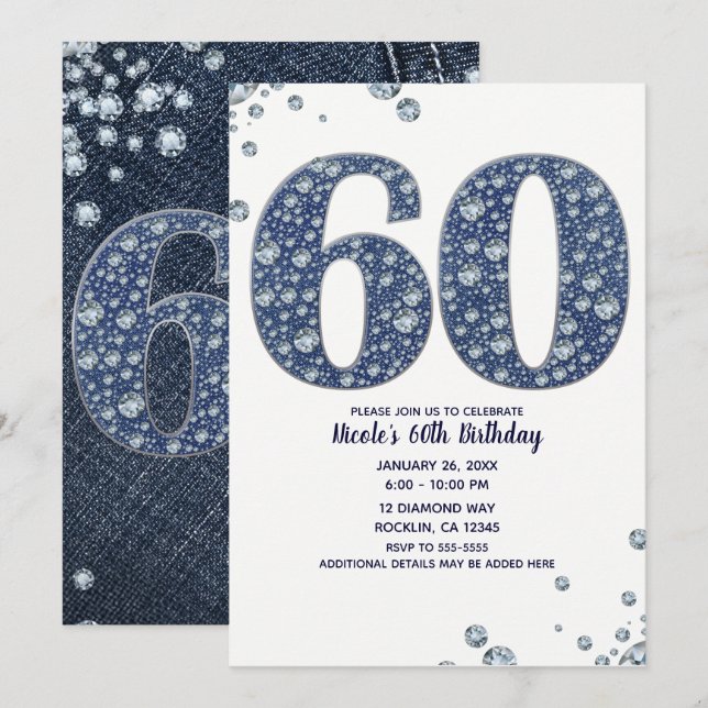 Convites Denim & Diamantes Bling Sparkle 60TH 60 Aniversári (Frente/Verso)