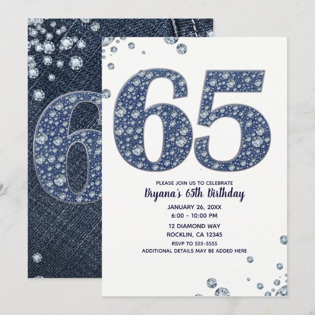 Convites Denim & Diamantes Bling Sparkle 65TH 65 Aniversári (Frente/Verso)
