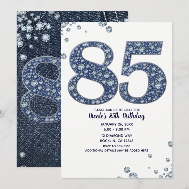 Convites Denim & Diamantes Bling Sparkle 85TH 85 Aniversári (Frente/Verso)