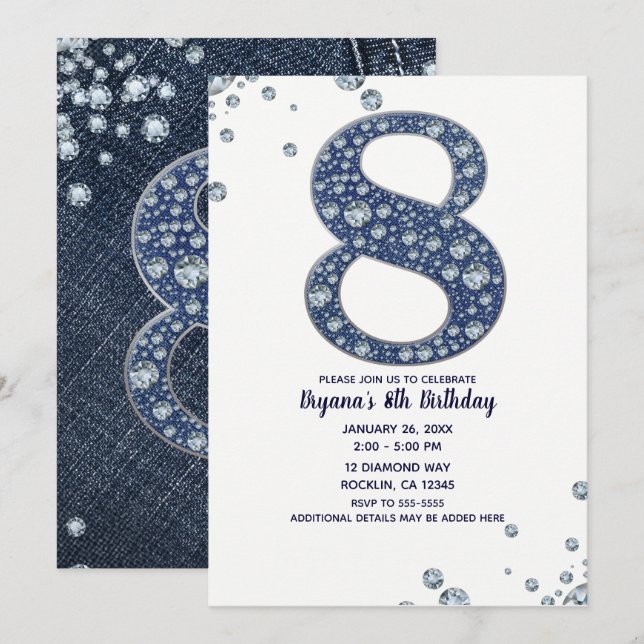 Convites Denim & Diamantes Bling Sparkle 8th 8 Aniversário (Frente/Verso)