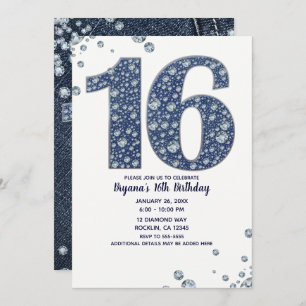 Convites Denim & Diamantes Bling Sparkle Sweet 16 Aniversár