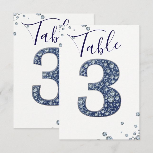 Convites Denim Diamantes Bling Sparkle Table Número 3 TRÊS (Frente/Verso)