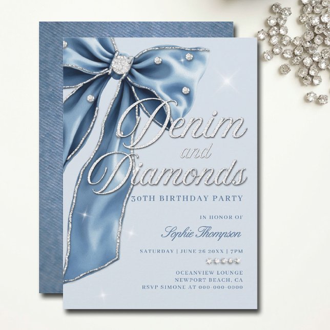 Convites Denim Diamantes Blue Arco Script aniversário de 30 (diamonds and denim party invitations bow 30th 50th sweet 16 elegant classy bling template)
