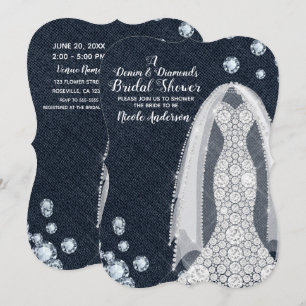Convites Denim & Diamantes Chá de Noiva Moderno Rústico Gla