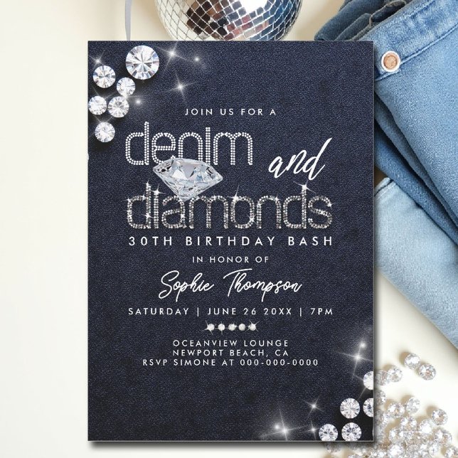 Convites Denim Diamantes Classy Bling aniversário de 30 ano (denim and diamonds theme invitations 30th 50th sweet 16 elegant classy bling template)