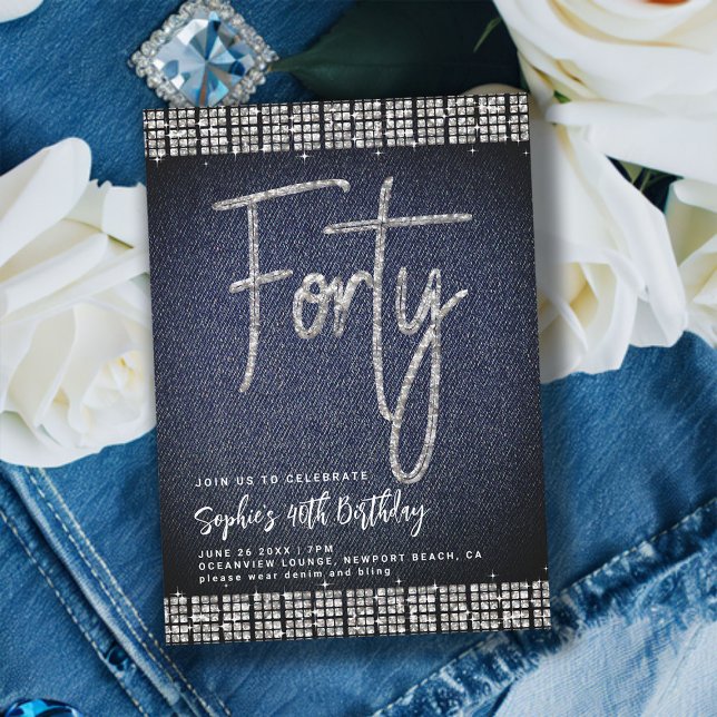 Convites Denim Diamantes Classy Bling aniversário de 40 ano (denim and diamonds 40th birthday invitation classy modern elegant rhinestones calligraphy blue jeans)