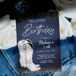Convites Denim Diamantes Cowgirl Bling Bling 50º Aniversári<br><div class="desc">Um país moderno, elegante e quic 50º convite de aniversário para mulheres com o tema do denim e dos diamantes. Apresenta um fundo denim, um par branco de afirmações de botas de vaquinha em pintura acrílica e tipografia em branco, com a palavra "Aniversário" na caligrafia moderna e um efeito de...</div>