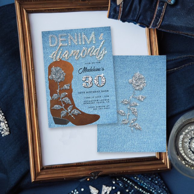 Convites Denim Diamantes Cowgirl Bling Jeans Festa de anive (Denim and Diamonds Copper Cowgirl Boot 30th Birthday Party Invitation for Women Bling Rose Elegant)