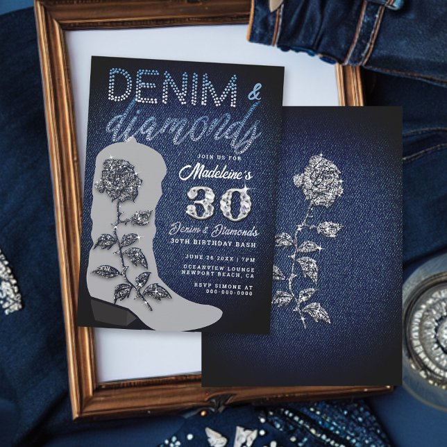 Convites Denim Diamantes Cowgirl Boot Bling Festa de aniver (Denim and Diamonds 30th Birthday Party Invitation for Women Cowgirl Boot Elegant Classy Rose)