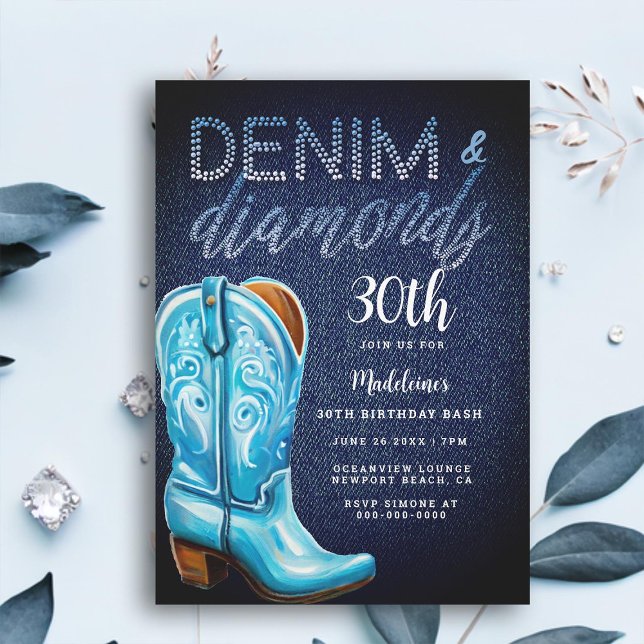 Convites Denim Diamantes Cowgirl Boot Festa de aniversário  (denim diamonds 30th birthday party invitation for women rustic glam barn country blue cowgirl boot)