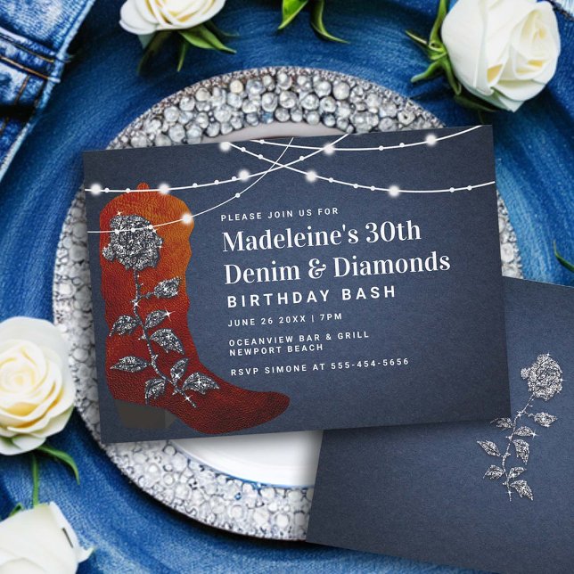 Convites Denim Diamantes Cowgirl Boot Glam aniversário de 3 (denim and diamonds 30th birthday invitation women elegant classy bling rustic lights cowgirl boot )