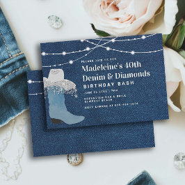 Convites Denim Diamantes Cowgirl Boot Hat Glam aniversário 