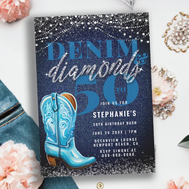 Convites Denim Diamantes Cowgirl Boot Rustic 50th Birthday (denim and diamonds 50th birthday invitation for women cowgirl boot elegant classy rustic lights chic)