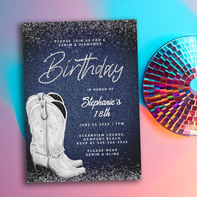 Convites Denim Diamantes Cowgirl Boots Bling 18º Aniversári (denim and diamonds 18th birthday invitation women cowgirl boots country western party elegant classy)