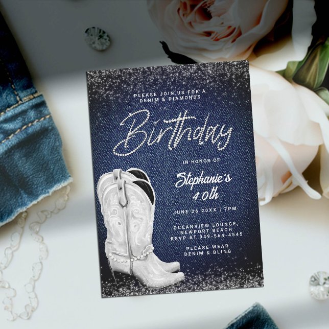 Convites Denim Diamantes Cowgirl Boots Bling aniversário de (denim and diamonds 40th birthday invitation women cowgirl boots country western bling rhinestones)