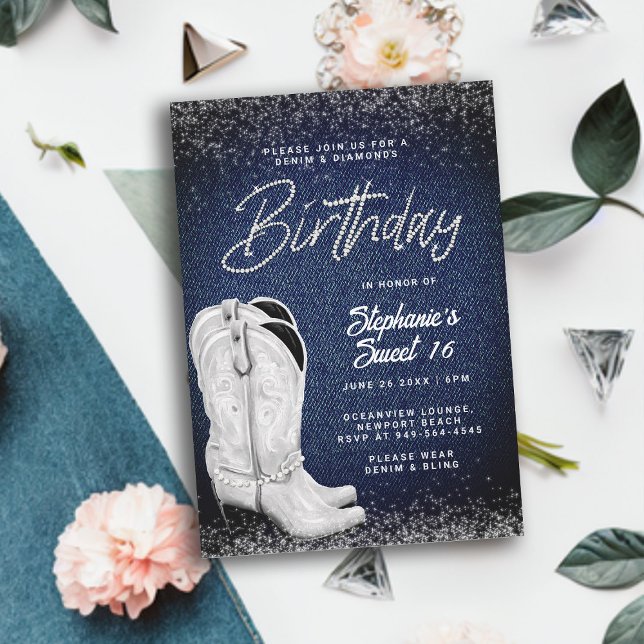 Convites Denim Diamantes Cowgirl Boots Bling Sweet 16 (denim and diamonds sweet 16 birthday invitation girls cowgirl boots country western party elegant)