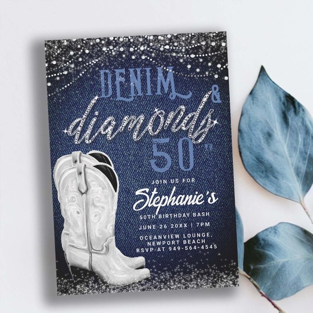 Convites Denim Diamantes Cowgirl Boots Country 50º Aniversá (denim and diamonds 50th birthday party for women elegant classy stylish country party cowgirl boots)