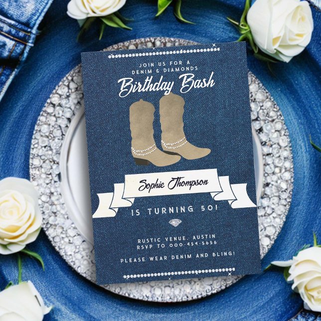 Convites Denim Diamantes Cowgirl Boots Rustic 50th Birthday (denim and diamonds 50th birthday invitation for women elegant classy bling cowgirl boots rustic chic)