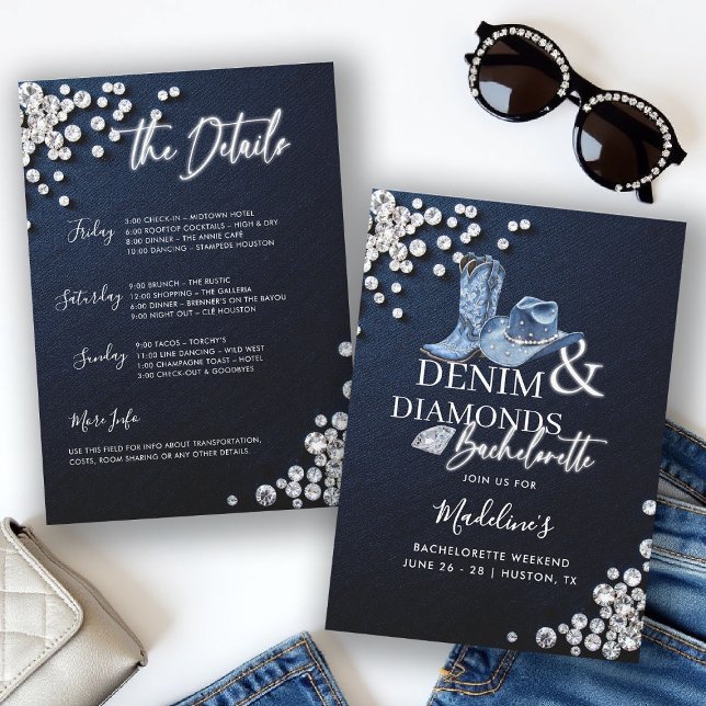 Convites Denim Diamantes Cowgirl Chic Bachelorette Itinerar (denim diamonds bachelorette party itinerary invitation cowgirl hat boots calligraphy modern classy)