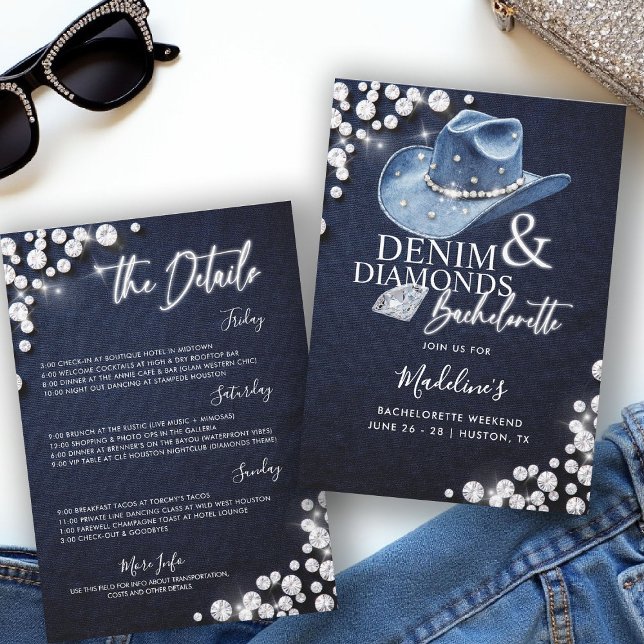 Convites Denim Diamantes Cowgirl Hat Bachelorette Itinerary (denim diamonds bachelorette party itinerary invitation cowgirl hat calligraphy modern classy stylish)