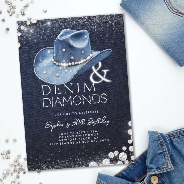 Convites Denim Diamantes Cowgirl Hat Bling aniversário de 3 (denim and diamonds 30th birthday party invitation blue white cowgirl hat bling sparkles)